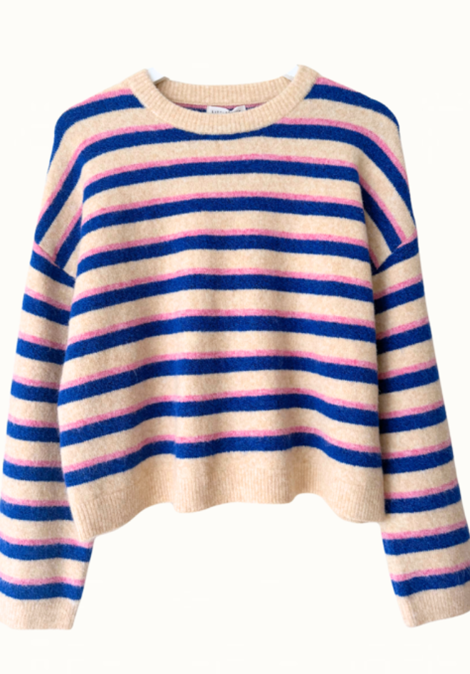 Little Lies Otto Knit in Pink/Cobalt Stripe — flat lay of boxy crew neck knit in cream with bold cobalt and fine pink horizontal stripes, dropped shoulders and ribbed trim on collar, cuffs and hem, available in Australia at Kat and Ko Clothing