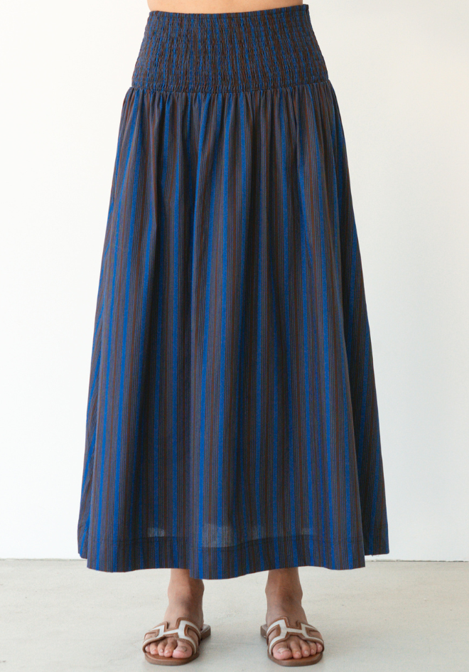 Label of Love Charli Skirt — front detail of chocolate and cobalt blue vertical stripe maxi skirt with wide shirred waistband and full gathered skirt, shop in Australia at Kat and Ko Clothing