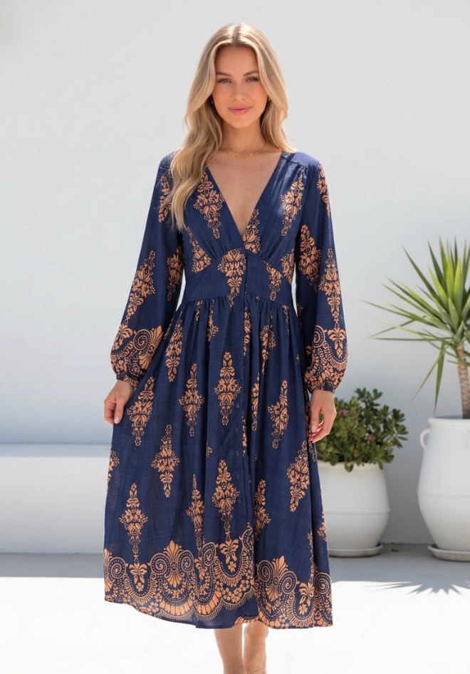 Madison Maxi Dress Grace & Co. — closer front view of navy and bronze medallion print V-neck midi dress with shirred back and button-through front, available in Australia at Kat and Ko Clothing