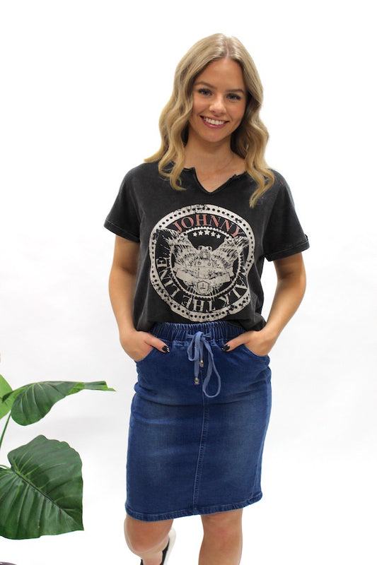 Drawstring Denim Skirt - Mid blue - Kat and Ko Clothing