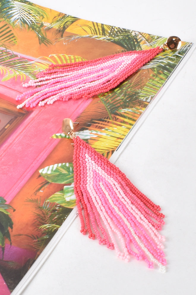 Beaded Tassel Button Top Earrings - Pink/Gold - Kat and Ko Clothing