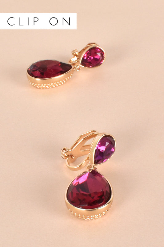 Jewelled Teardrop Clip On Earrings - Pink/Gold
