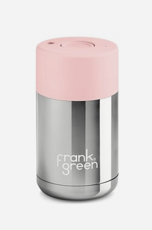 Frank Green Reusable Cup - Chrome Silver/Blushed Push Button Lid