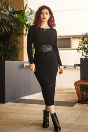 Knit Pencil Skirt Black by Silver Wishes — full-length editorial shot of black ribbed midi pencil skirt styled with a wide black belt and patent ankle boots, available in Australia at Kat and Ko Clothing