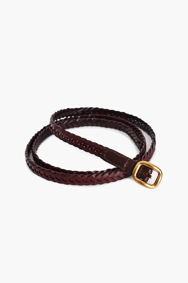 Metal Buckle Thin Leather Plait Belt - Chocolate - Kat and Ko Clothing